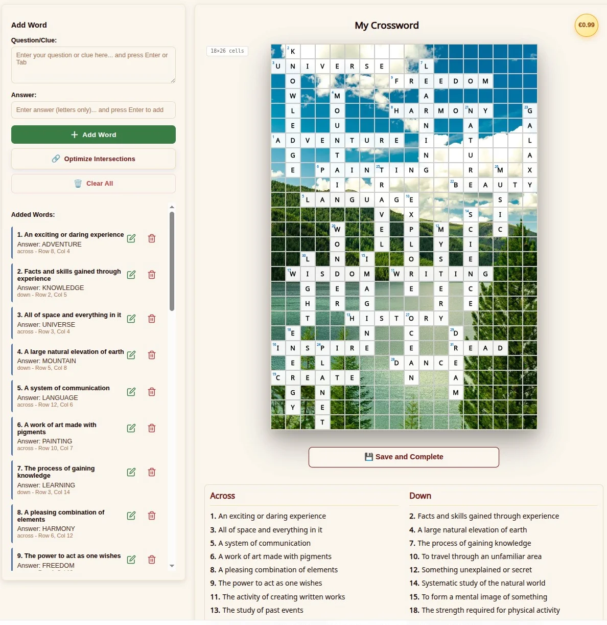 Custom crossword editor: Add Word panel with your own clues and the auto-generated grid